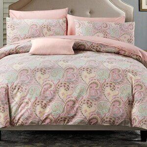 King Size Duvet Cover Pillow Sham Set in Pink Paisley